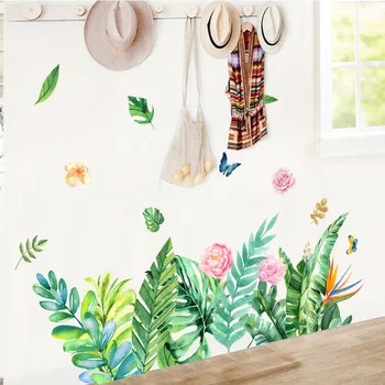 Креативные наклейки на стену с листьями тропического дерева и цветочным фламинго, сделанные своими руками, наклейки на стены из листьев зеленого растения для гостиной, фрески домашнего декора