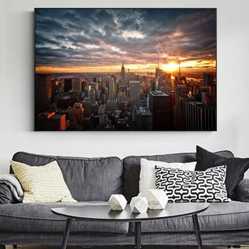 Картины на холсте с видом на закат в Нью-Йорке на стене Художественные плакаты и принты Пейзаж Манхэттена Настенные панно Домашний декор