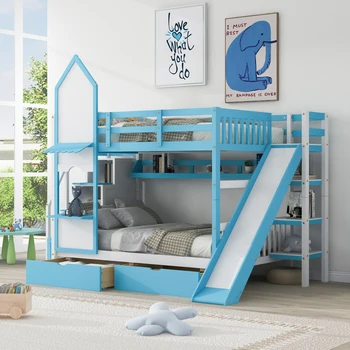 Двухъярусная кровать в стиле замка с 2 выдвижными ящиками, 3 полками и горкой - синий