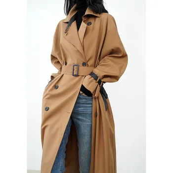 Легкая роскошная и минималистичная ветровка из контрастной кожи цвета хаки, женское весенне-осеннее новое повседневное длинное пальто 2023 года.