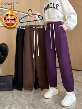 Бархатные повседневные брюки, женские теплые осенние универсальные брюки с завязками и высокой талией, однотонные студенческие стильные Ropa Mujer