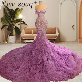 Потрясающие фиолетовые длинные вечерние платья с оборками 2023, свадебное банкетное платье русалки без бретелек, блестящие вечерние платья для официальных мероприятий.