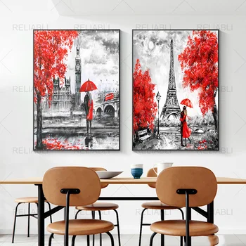 Пейзаж с красным деревом Абстрактная картина на холсте Современный Лондонский сити Настенное искусство Черно-белый настенный плакат Картина с зонтиком для домашнего декора