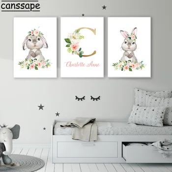 Плакат с кроликом, мультяшная картина на холсте, настенные плакаты с пользовательским названием, картины с цветочным принтом, декор детской комнаты для маленьких девочек