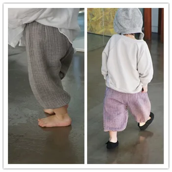 Детская одежда на 1-3 года, сезон Весна-лето, для мальчиков и девочек, Корейские шаровары из хлопчатобумажной льняной пряжи с защитой от комаров, Детские штанишки