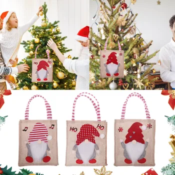 Подарочная сумка из мешковины с рождественским украшением, мультяшная сумка из мешковины, многоразовая сумка-тоут с принтом, многофункциональная для контейнеров для конфет # 50 г