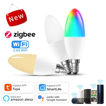 Tuya Zigbee WiFi Умные Лампочки 5 Вт E14 Свеча Лампа RGB Затемняемые Светодиодные Фонари Smart Life APP Control Работа с Alexa Google Home