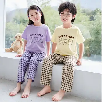Пижамный комплект для мальчиков и девочек от 2 до 3 4 5 6 7 8 9 10 11 12 Лет, Хлопковый Детский Пижамный костюм с буквенным принтом Медведя, Фиолетовая Корейская Детская Пижама
