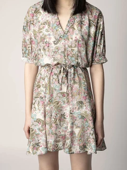 Женское платье с графическим принтом ZESSAM Flowers С V-образным вырезом, коротким рукавом и пуговицами, Короткая юбка, Повседневное Классическое платье Femme 2023