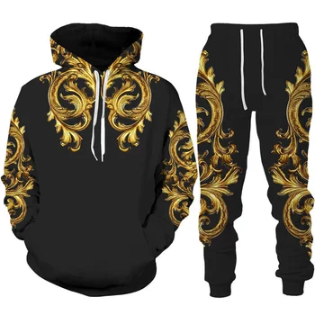 Роскошная винтажная толстовка с 3D принтом, брюки с капюшоном, комплект спортивного костюма из 2 предметов, модная уличная одежда с золотым цветочным узором, мужская одежда в стиле хип-хоп, костюм