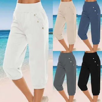 Женские брюки-капри, повседневные летние льняные брюки с эластичной завязкой на шнурке и высокой талией, прямые укороченные брюки