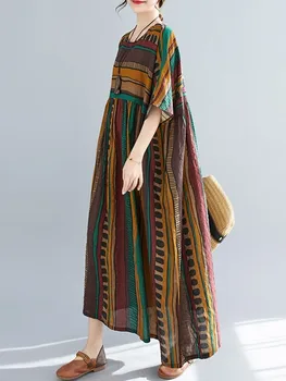 Женские винтажные платья в полоску из корейского хлопка большого размера с коротким рукавом, повседневное Свободное Длинное Летнее платье, Элегантная одежда 2023