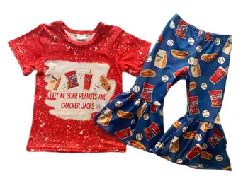 Летний бутик детской одежды для девочек с принтом еды, красный, с коротким рукавом, синие расклешенные брюки, комплект из двух предметов RTS