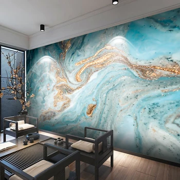 Индивидуальные 3D фрески Обои Современный пейзаж тушью Абстрактные обои с золотисто-голубой мраморной текстурой Искусство гостиной Домашний декор