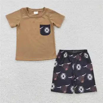 BSSO0148 Комплект шорт с геометрическим рисунком головы быка с коричневым карманом и коротким рукавом для мальчиков, повседневная летняя одежда в стиле Вестерн для маленьких мальчиков, одежда