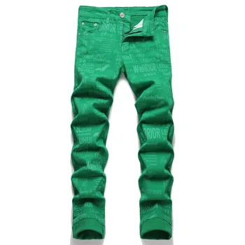 Летняя улица, Европа, Соединенные Штаты, мужские джинсы зеленого цвета с цифровым принтом, популярные у молодежи узкие джинсы средней талии, простые, индивидуальности