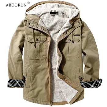 ABOORUN Плюс размер Мужская повседневная шерстяная куртка с капюшоном из чистого хлопка, свободное толстое теплое пальто для мужчин