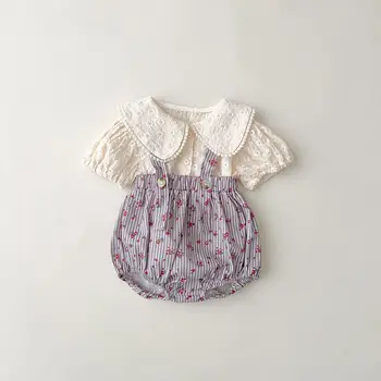 2023 Летний Комплект одежды для маленьких девочек в винтажном стиле из 2 предметов, Хлопчатобумажный Жаккардовый костюм с кукольным воротничком, Блузка с коротким рукавом, Шорты на подтяжках, Костюм