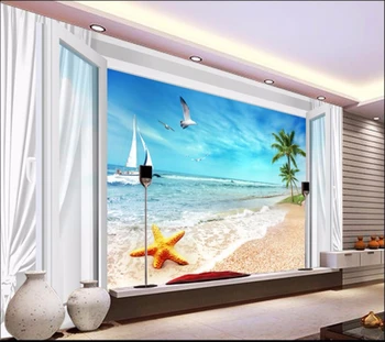 бейбеханг Пользовательские обои 3d голубое небо белые облака окна морская звезда пляж кокосовая пальма фон обои 3d papel de parede