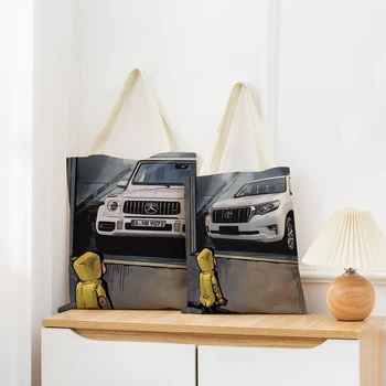 Эко-сумка для покупок с рисунком мультяшного мальчика и автомобиля, женская льняная сумка с двусторонним принтом, складная Портативная сумка-тоут для удобного хранения
