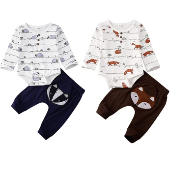 Комплекты одежды для новорожденных мальчиков и девочек 0-18 м, топы с длинными рукавами и животным принтом, комбинезон + брюки, комплект одежды, спортивный костюм