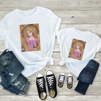 Новая женская футболка с принтом Принцессы Диснея Рапунцель в стиле Харадзюку, Повседневная Детская футболка, Летняя Одежда для мамы и Дочки, Семейный образ