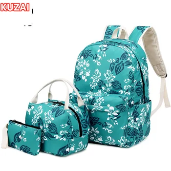 KUZAI, 3 шт./компл., школьные сумки для девочек-подростков, этнический синий цветок, легкий рюкзак, школьные принадлежности, набор детских ручек и карандашей