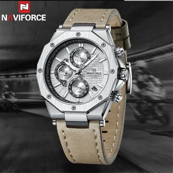 Мужские часы NAVIFORCE, спортивные мужские наручные часы, лучший бренд, Роскошный Серый Военный хронограф, натуральная кожа, кварцевые мужские часы, подарок 8028
