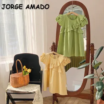 Новое летнее платье для маленькой девочки Желто-зеленого цвета с круглым воротом, короткими рукавами и нерегулярными оборками, платье принцессы, детская одежда E23009