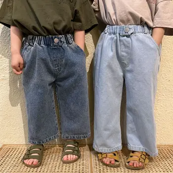 Новый дизайн детских модных универсальных джинсовых штанов с широкими штанинами, детские мягкие повседневные джинсы