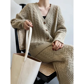 Женский свободный повседневный свитер-кардиган Twist и трикотажная юбка, комплект из двух предметов на осень-зиму