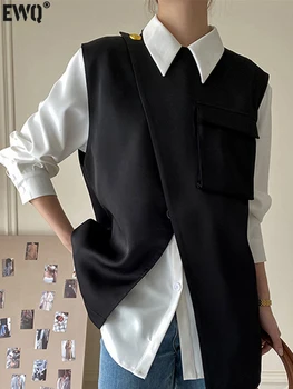 [EWQ] Нерегулярная Свободная Высококачественная Женская Одежда Дизайнерская Одежда Черное Штабелируемое Пальто 2023 Весна Осень Новый Женский Офисный Жилет