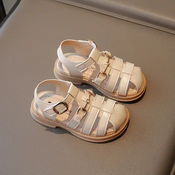Римские сандалии для девочек, Летняя модная цепочка 2023, Детская пляжная обувь Baotou на плоской подошве, детские сандалии принцессы в стиле ретро на мягкой подошве