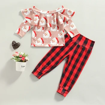 Футболка и брючный костюм для маленькой девочки, топы с длинными рукавами и клетчатые длинные брюки с рисунком Санта-Клауса