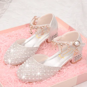 Детские туфли принцессы на высоком каблуке, Модные новые свадебные туфли с мягкой подошвой для девочек, жемчужные, блестящие, с бриллиантами и кристаллами