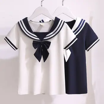 Детская хлопковая футболка для девочек в темно-синем стиле, летние новые однотонные топы для девочек от 4 до 12 лет, Корейская модная футболка для девочек, детские футболки