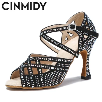 CINMIDY/ Женские туфли для латиноамериканских танцев со стразами; домашние женские туфли для танцев Бачата, танго, сальса, джаз; женские сандалии для выступлений;