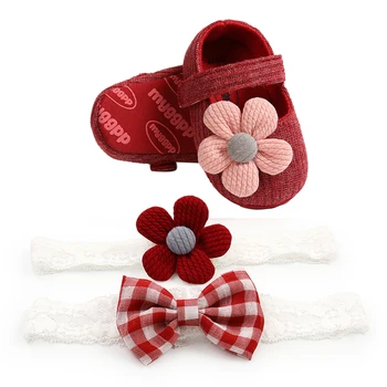 Весна 2021 года 0-18 м, детская обувь для девочек + бант + Повязка на голову с цветочным рисунком, Туфли на плоской подошве с большим цветком на мягкой подошве для малышей