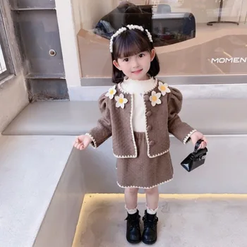 Primavera E Outono Meninas Terno Coreano Vestido Infantil Fragrância Pequena Moda Princesa Flor Bebê Vestido De Lazer Infantil