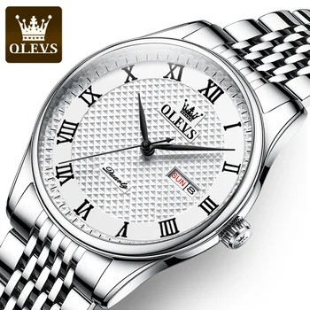 OLEVS Новый бренд Классические деловые кварцевые часы с ремешком из нержавеющей стали Водонепроницаемые модные повседневные мужские часы с датой недели 5562