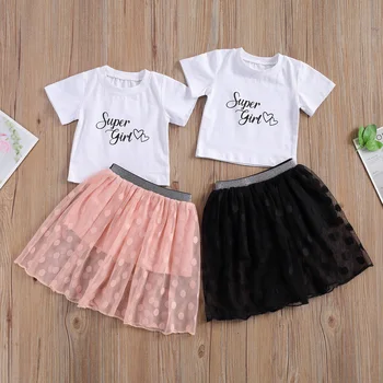 Повседневный комплект одежды из 2 предметов для маленьких девочек, белые топы с буквенным принтом и коротким рукавом + сетчатая юбка-трапеция, одежда для младенцев