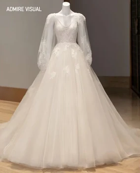 Новейшее свадебное платье трапециевидной формы для невесты с глубоким вырезом и длинными пышными рукавами, сшитое на заказ, большие размеры, Vestidos De Novias