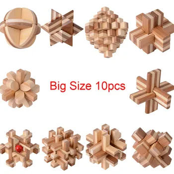 10 шт./компл. Большой размер Дизайн IQ головоломка Kong Ming замок 3D Деревянная блокировка Заусенец Бамбуковые пазлы Игра-игрушка для взрослых и детей