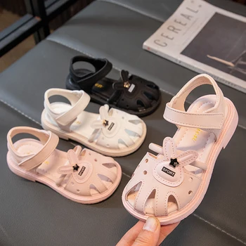 Детская модная повседневная обувь, милые дышащие сандалии для девочек с кроликами, 2023 г., простые летние универсальные однотонные туфли принцессы
