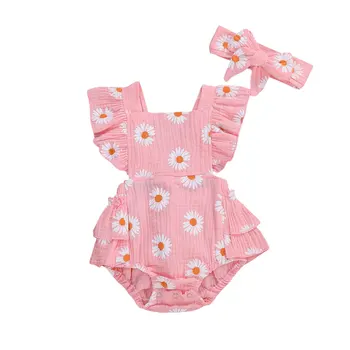 Комплект Летней одежды для новорожденных девочек, комбинезон без рукавов с цветочным принтом и оборками, комбинезон + повязка на голову с бантом, одежда для девочек, 2 шт.