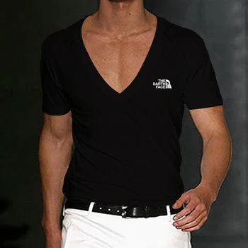 Летняя новая мужская повседневная модная футболка для фитнеса с V-образным вырезом, мужская трендовая брендовая футболка с короткими рукавами Harajuku streetwear