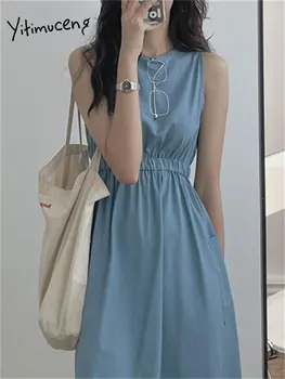 Yitimuceng, шикарное платье для женщин, Корейская мода, без рукавов, с круглым вырезом, с высокой талией, со складками, Элегантные повседневные платья Миди трапециевидной формы