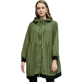 2023 Новый свободный тренч большого размера с капюшоном, женская тонкая ветровка, Весенне-летняя зеленая верхняя одежда, женское повседневное пальто на молнии