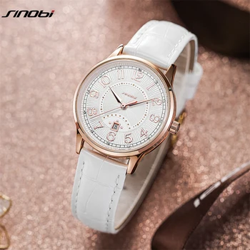 SINOBI Fashion, Женские часы с белым кожаным ремешком, Оригинальный дизайн, Календарь, Женские кварцевые наручные часы, Подарки, часы для дам
