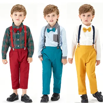 Одежда для маленьких мальчиков, осень-зима, комплект брюк на подтяжках с длинным рукавом для мальчиков, детская одежда для джентльменов, вечернее платье, костюм
